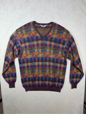 Men's Dalmine Medium Made in Italy Multicolor V-Neck Sweater Classic Plaid Knit